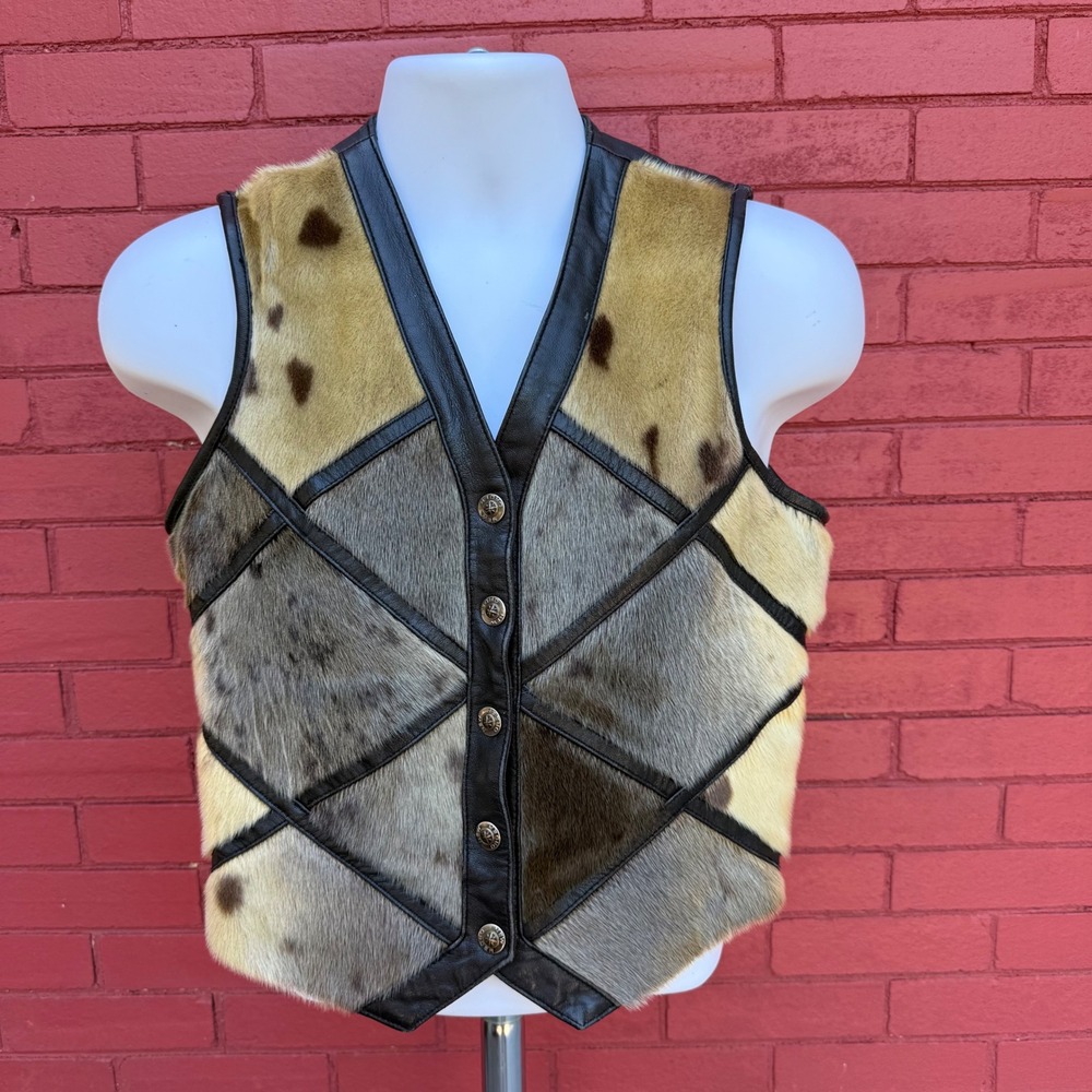 Vintage Synergy Cowhide Leather Patchwork Vest Mens Size XS Cowboy Western